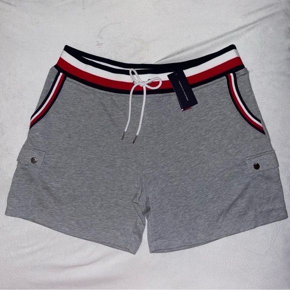 New! Tommy Hilfiger Relaxed ‘Sneaker’ Striped Waist Gray Sweat Shorts Size L♥️🤍 - Picture 3 of 8